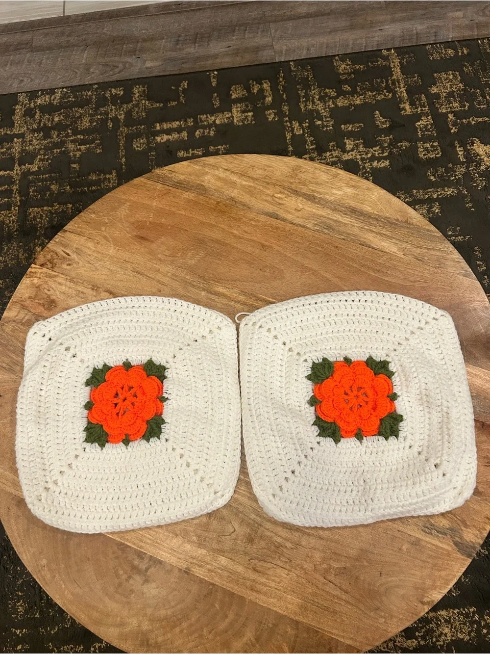 2 Vintage Style Crochet Accent Throw Pillow Covers W/ 3D Orange Flower Handmade